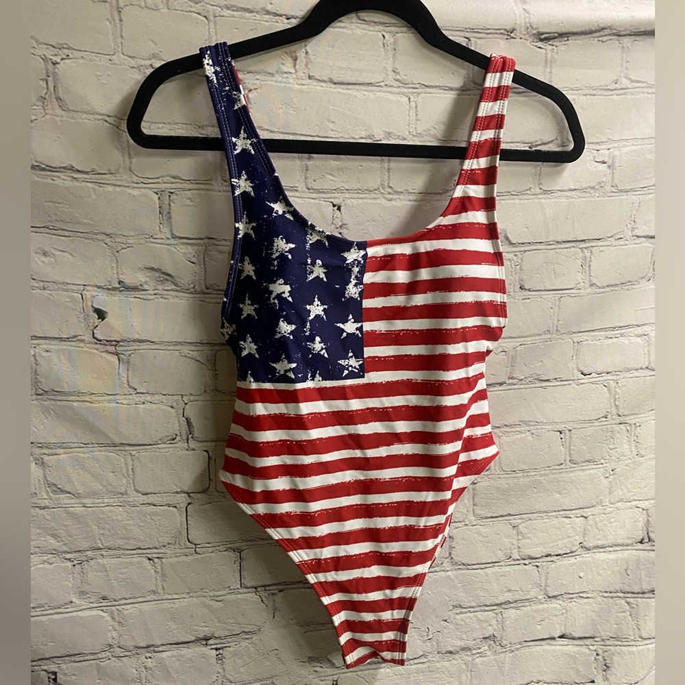 5/$20 Patriotic Americana USA Red White Blue HiCut Scoop Back Cheeky Swimsuit M